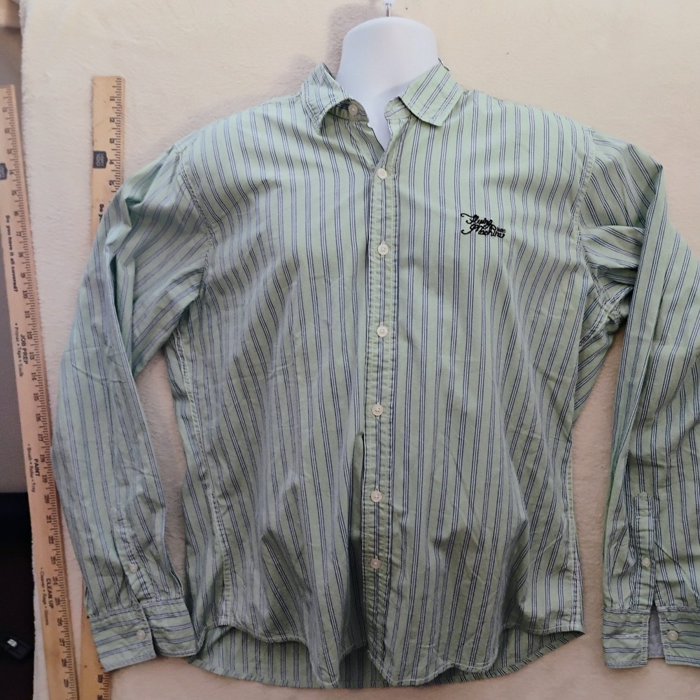 Flying Machine Mens Green Blue Vertical Stripe Cotton Button Up Shirt XL